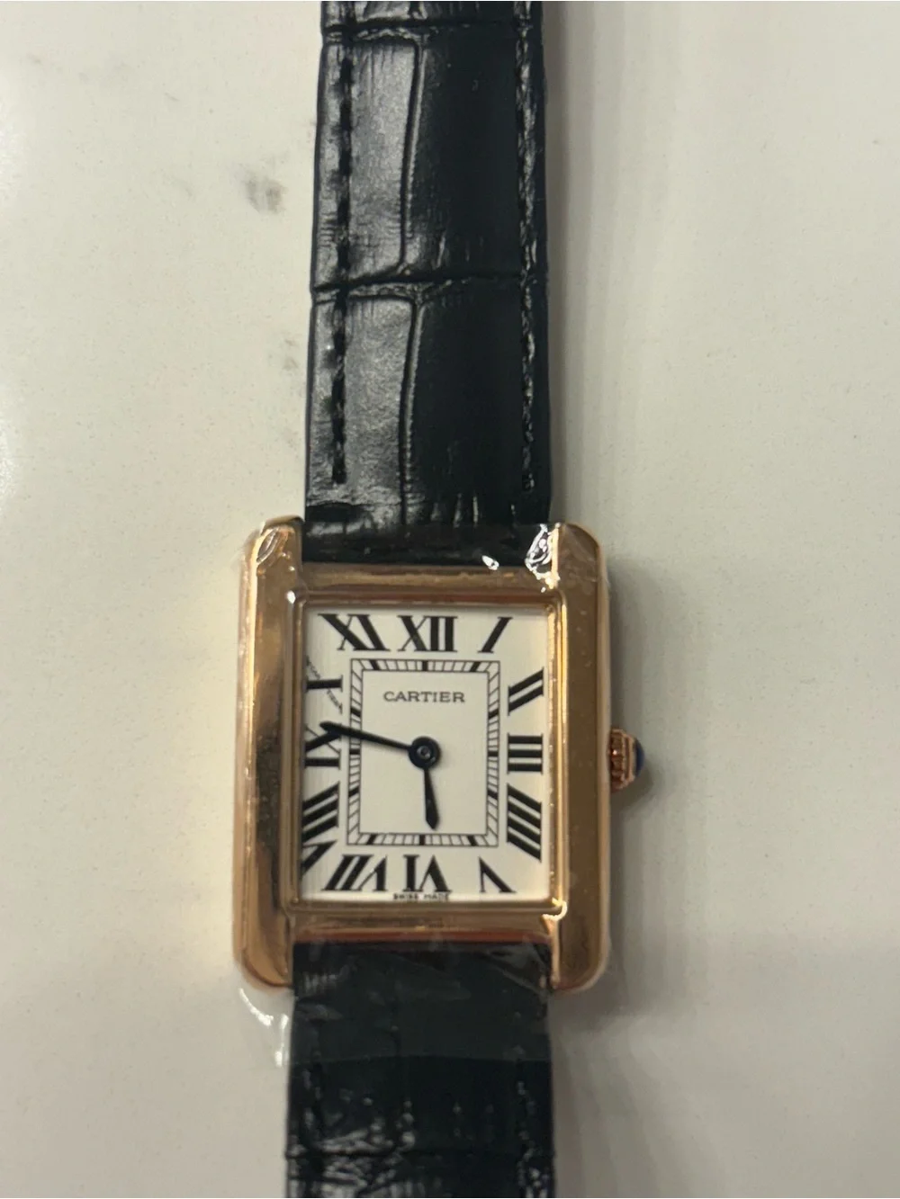 Tank-Style Square Watch with Black Leather Strap